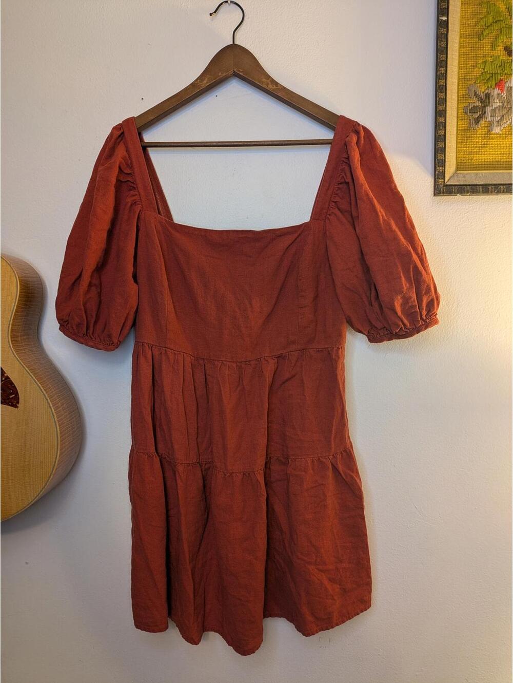 House of Harlow 1960 Women's Dress Size L Rust Linen Blend Puff Sleeve
